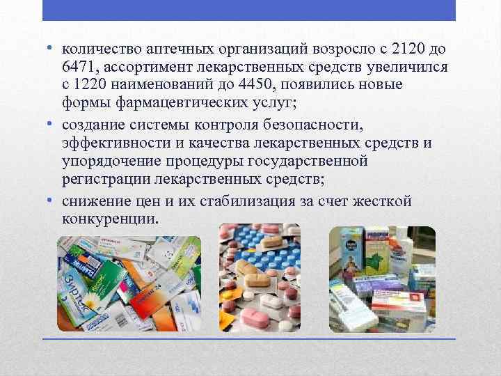  • количество аптечных организаций возросло с 2120 до 6471, ассортимент лекарственных средств увеличился