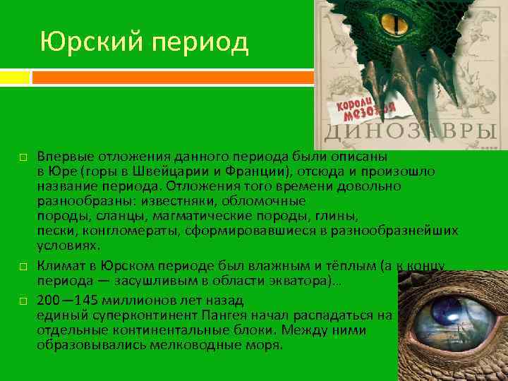 Юрский период Впервые отложения данного периода были описаны в Юре (горы в Швейцарии и