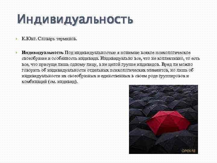 Индивидуальность К. Юнг. Словарь терминов. Индивидуальность Под индивидуальностью я понимаю всякое психологическое своеобразие и