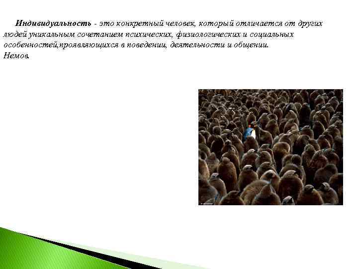 Индивидуальность - это конкретный человек, который отличается от других людей уникальным сочетанием психических, физиологических