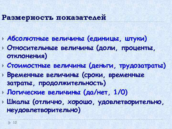 Размерность показателей Абсолютные величины (единицы, штуки) Относительные величины (доли, проценты, отклонения) Стоимостные величины (деньги,