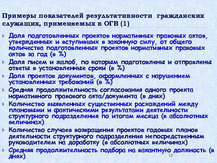 Примеры показателей результативности гражданских служащих, применяемых в ОГВ (1) Доля подготовленных проектов нормативных правовых