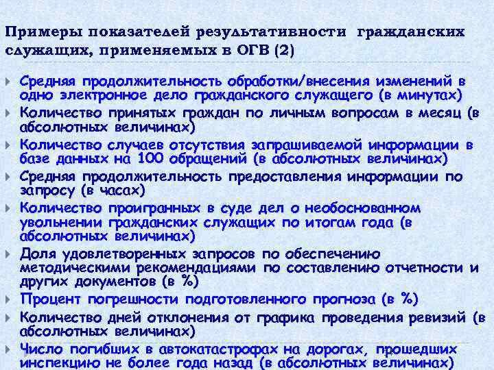 Примеры показателей результативности гражданских служащих, применяемых в ОГВ (2) Средняя продолжительность обработки/внесения изменений в