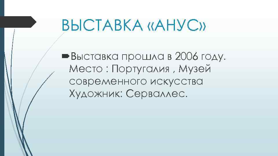 ВЫСТАВКА «АНУС» Выставка прошла в 2006 году. Место : Португалия , Музей современного искусства