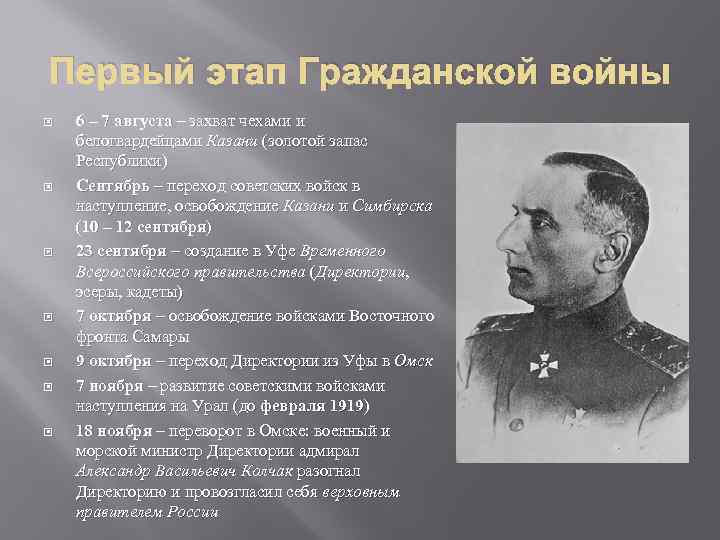 Первый этап Гражданской войны 6 – 7 августа – захват чехами и белогвардейцами Казани