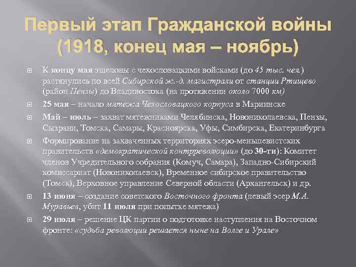 Первый этап Гражданской войны (1918, конец мая – ноябрь) К концу мая эшелоны с