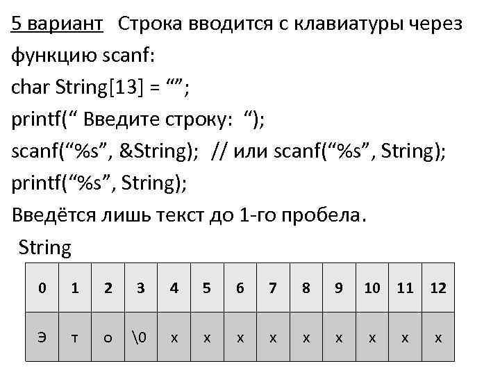 5 вариант Строка вводится с клавиатуры через функцию scanf: char String[13] = “”; printf(“