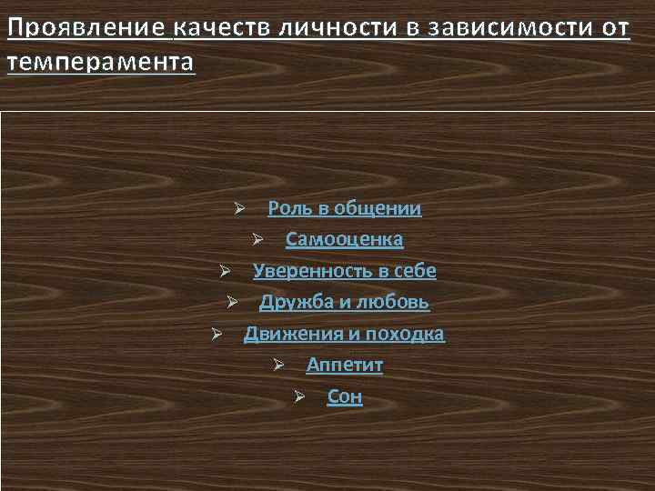 Проявление качеств личности в зависимости от темперамента Роль в общении Ø Самооценка Ø Уверенность