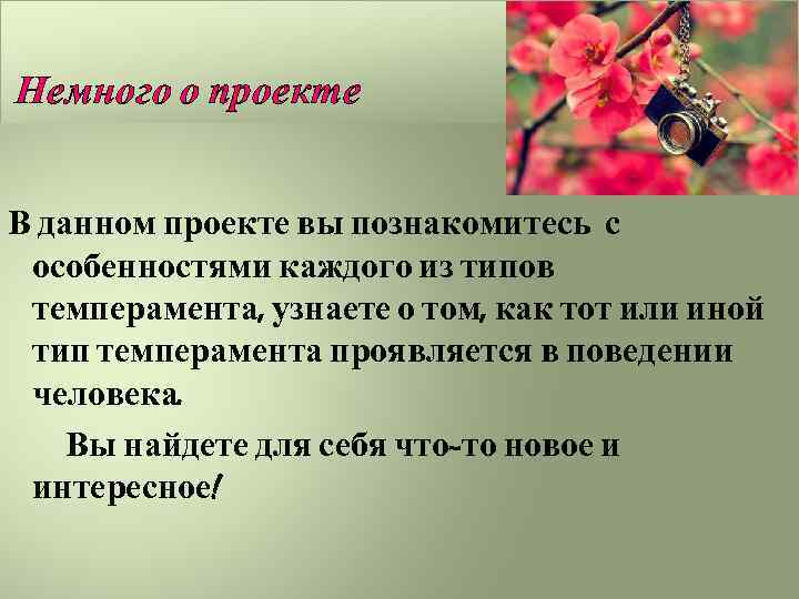 Немного о проекте В данном проекте вы познакомитесь с особенностями каждого из типов темперамента,