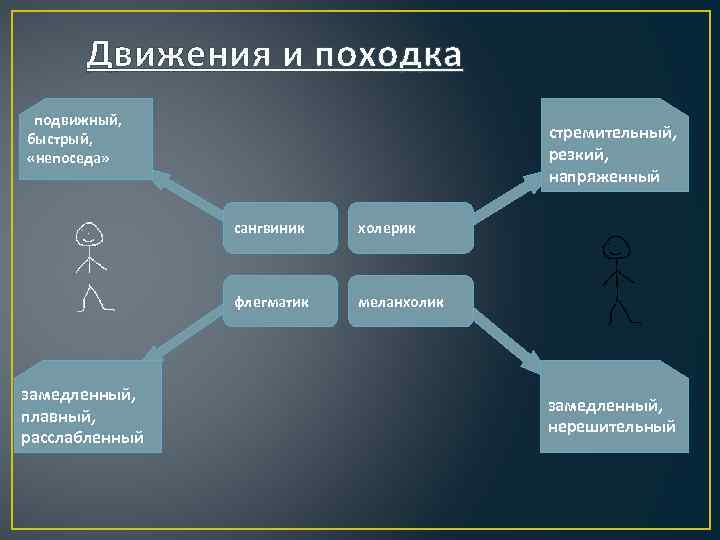 Движения и походка подвижный, быстрый, «непоседа» стремительный, резкий, напряженный сангвиник флегматик замедленный, плавный, расслабленный