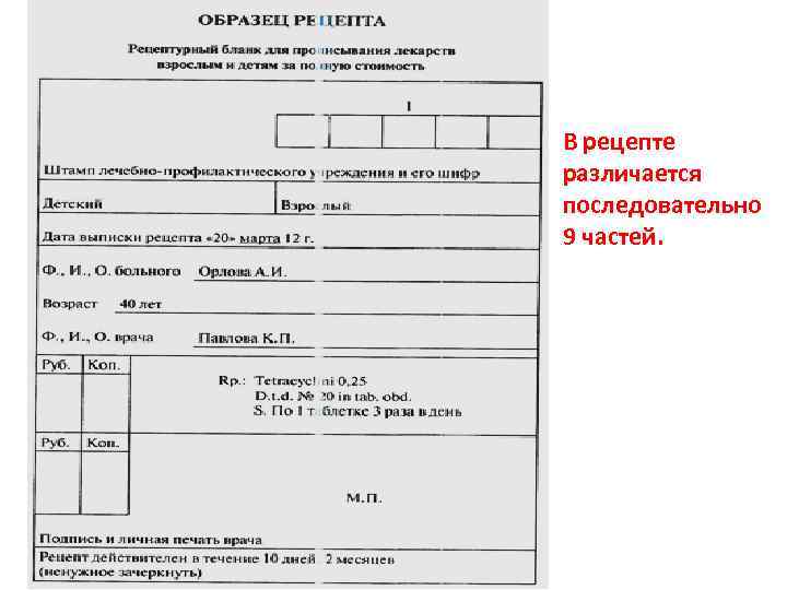 В рецепте различается последовательно 9 частей. 