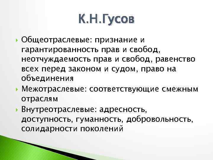 К. Н. Гусов Общеотраслевые: признание и гарантированность прав и свобод, неотчуждаемость прав и свобод,