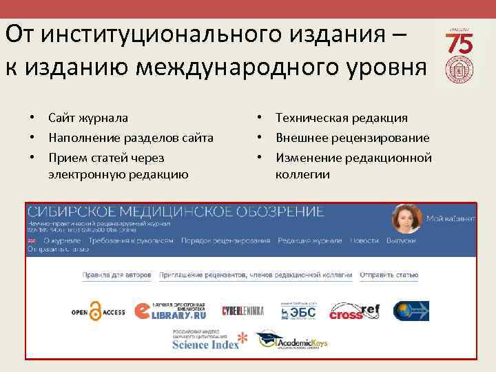 От институционального издания – к изданию международного уровня • Сайт журнала • Наполнение разделов