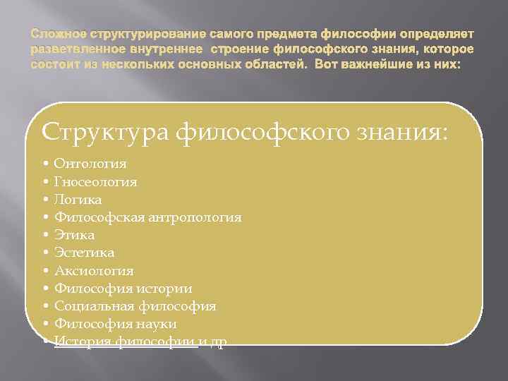 Сложное структурирование самого предмета философии определяет разветвленное внутреннее строение философского знания, которое состоит из