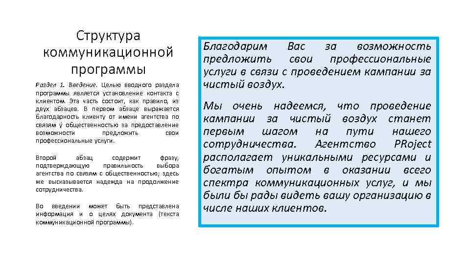 Структура коммуникационной программы Раздел 1. Введение. Целью вводного раздела программы является установление контакта с