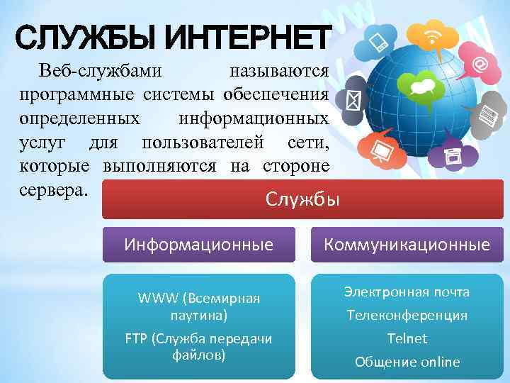 СЛУЖБЫ ИНТЕРНЕТ Веб-службами называются программные системы обеспечения определенных информационных услуг для пользователей сети, которые