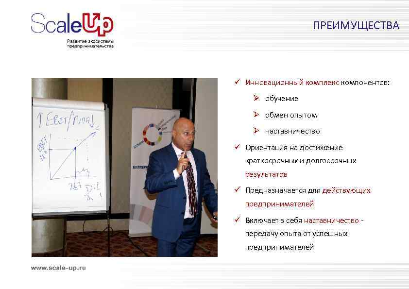 ПРЕИМУЩЕСТВА ü Инновационный комплекс компонентов: Ø обучение Ø обмен опытом Ø наставничество ü Ориентация