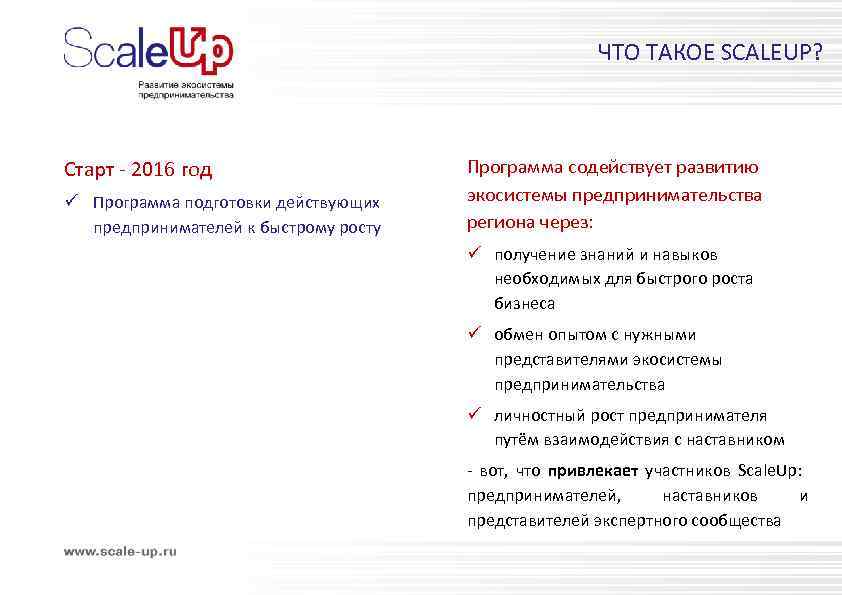 ЧТО ТАКОЕ SCALEUP? Старт - 2016 год ü Программа подготовки действующих предпринимателей к быстрому