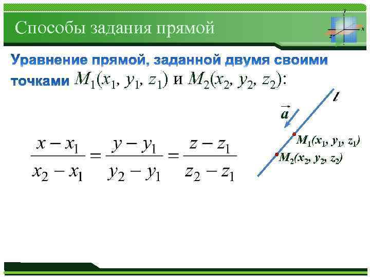 Способы задания прямой М 1(x 1, y 1, z 1) и М 2(x 2,