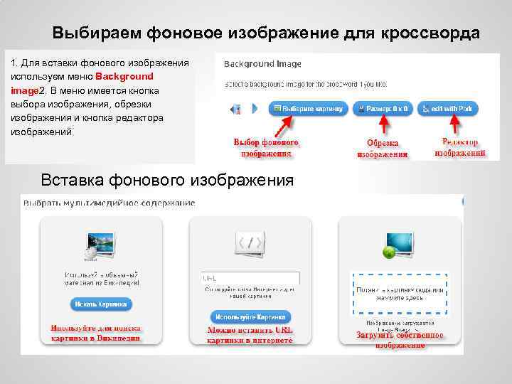 Выбираем фоновое изображение для кроссворда 1. Для вставки фонового изображения используем меню Background image