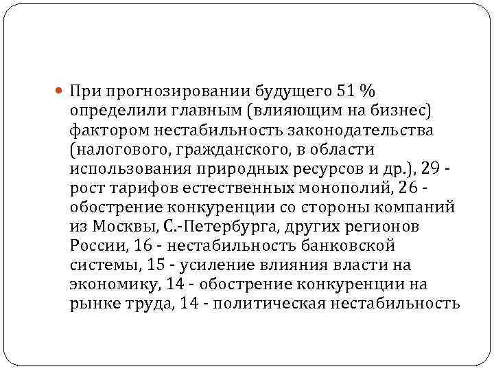  При прогнозировании будущего 51 % определили главным (влияющим на бизнес) фактором нестабильность законодательства