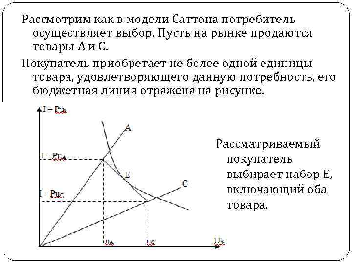 Рассмотрим как в модели Саттона потребитель осуществляет выбор. Пусть на рынке продаются товары А