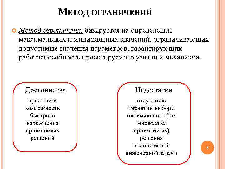 МЕТОД ОГРАНИЧЕНИЙ Метод ограничений базируется на определении максимальных и минимальных значений, ограничивающих допустимые значения
