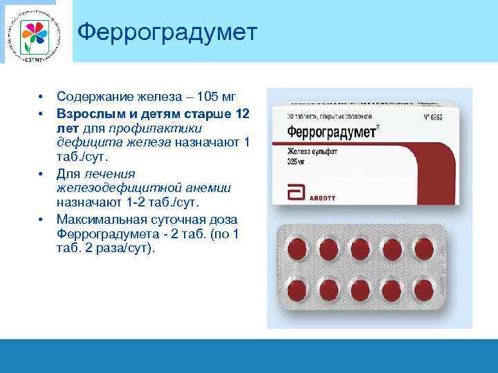 Ферроградумет • • Содержание железа – 105 мг Взрослым и детям старше 12 лет