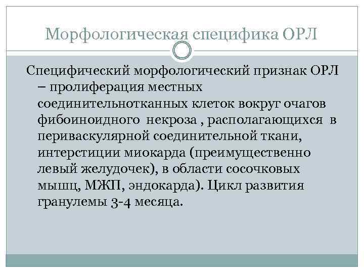 Морфологическая специфика ОРЛ Специфический морфологический признак ОРЛ – пролиферация местных соединительнотканных клеток вокруг очагов