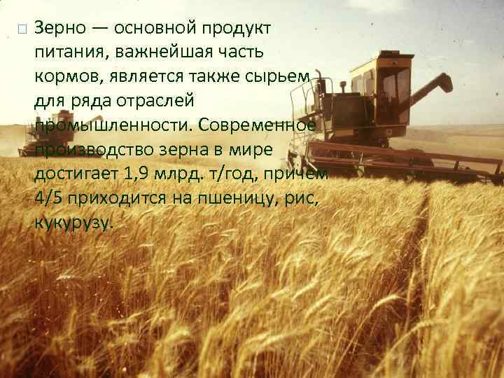  Зерно — основной продукт питания, важнейшая часть кормов, является также сырьем для ряда