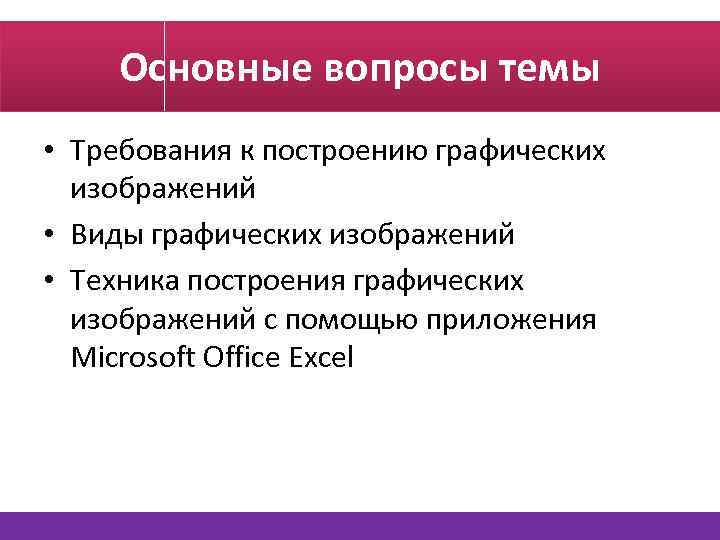 Основные вопросы темы • Требования к построению графических изображений • Виды графических изображений •