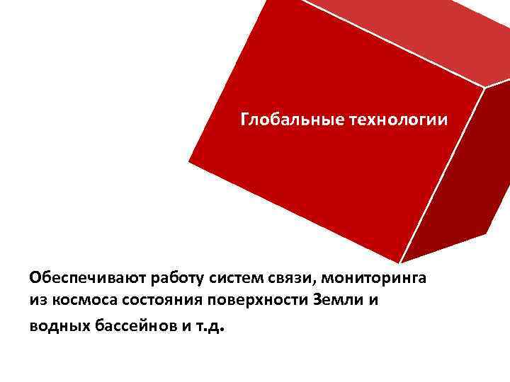 Глобальные технологии Обеспечивают работу систем связи, мониторинга из космоса состояния поверхности Земли и водных