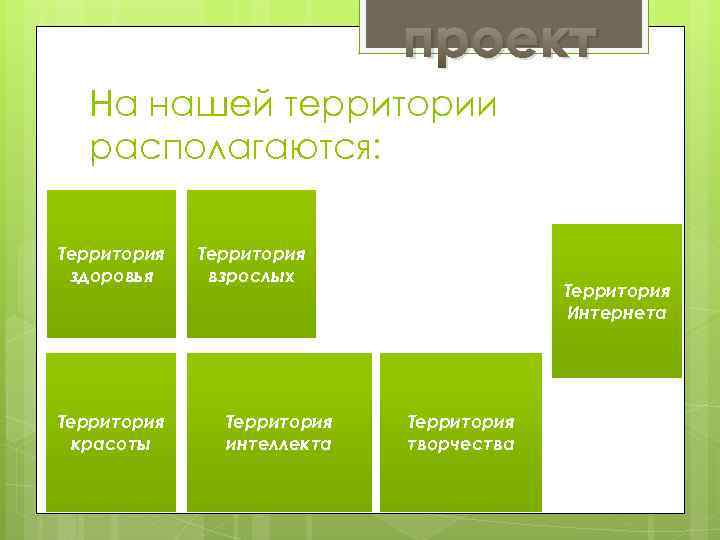 проект На нашей территории располагаются: Территория здоровья Территория красоты Территория взрослых Территория интеллекта Территория
