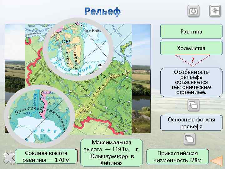 Форма рельефа Равнина Вид равнины Холмистая ? Особенность рельефа объясняется тектоническим строением. Основные формы