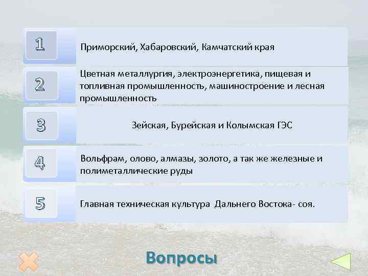 1 Какие края входят в состав Дальневосточного Приморский, Хабаровский, Камчатский края экономического района? 2