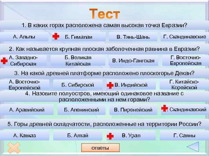 1. В каких горах расположена самая высокая точка Евразии? А. Альпы Б. Гималаи В.