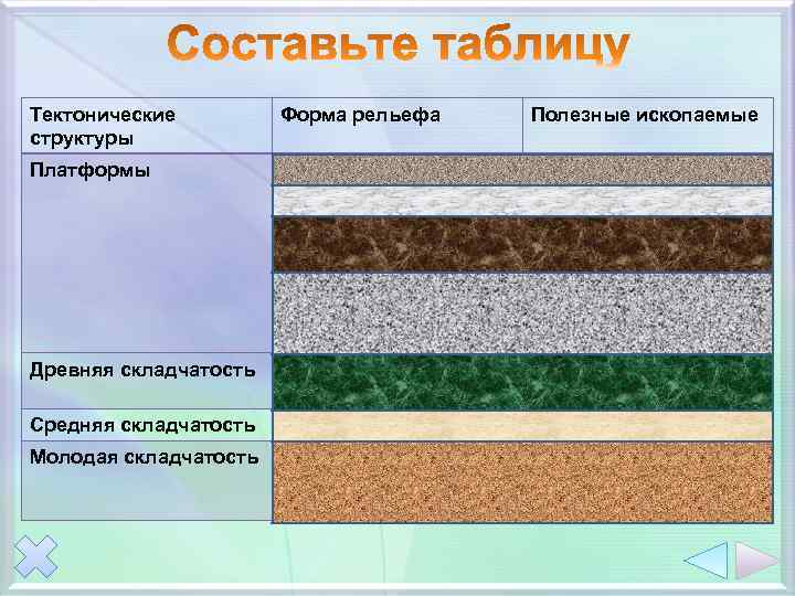 Тектонические структуры Форма рельефа Полезные ископаемые Платформы Восточно-Европейская Бурый и каменный уголь Западно-Сибирская Нефть,
