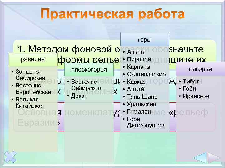 горы 1. Методом фоновой окраски обозначьте • Альпы равнины • Пиренеи крупные формы рельефа