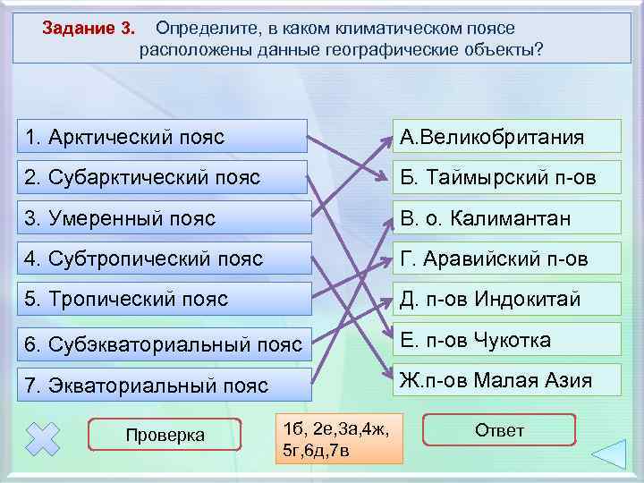 Задание 3. Определите, в каком климатическом поясе расположены данные географические объекты? 1. Арктический пояс