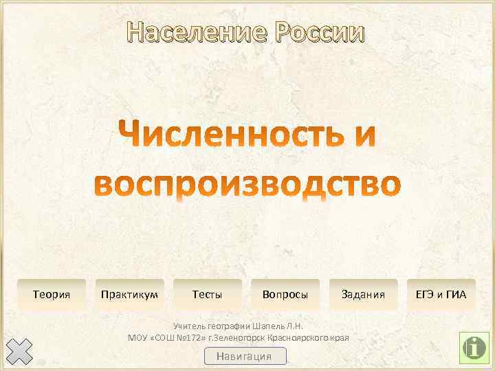 Население России Теория Практикум Тесты Вопросы Задания Учитель географии Шапель Л. Н. МОУ «СОШ