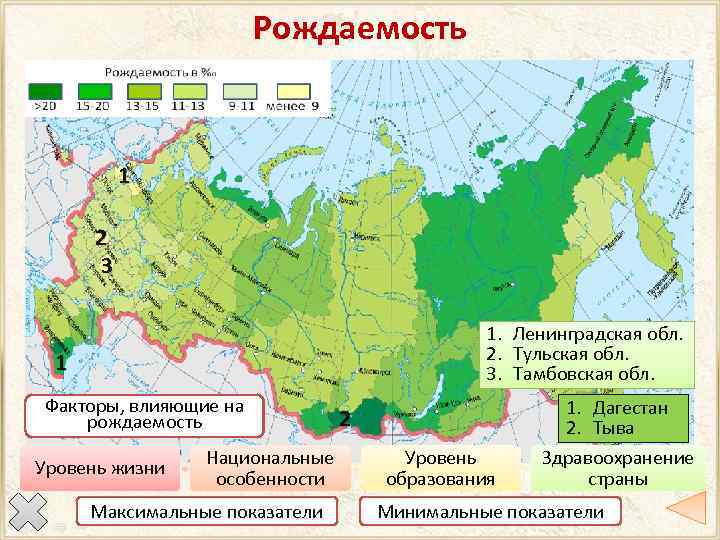 Рождаемость 1 2 3 1. Ленинградская обл. 2. Тульская обл. 3. Тамбовская обл. 1