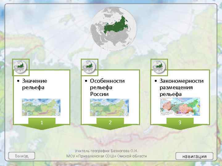  • Значение рельефа 1 Выход • Особенности рельефа России 2 Учитель географии Безногова