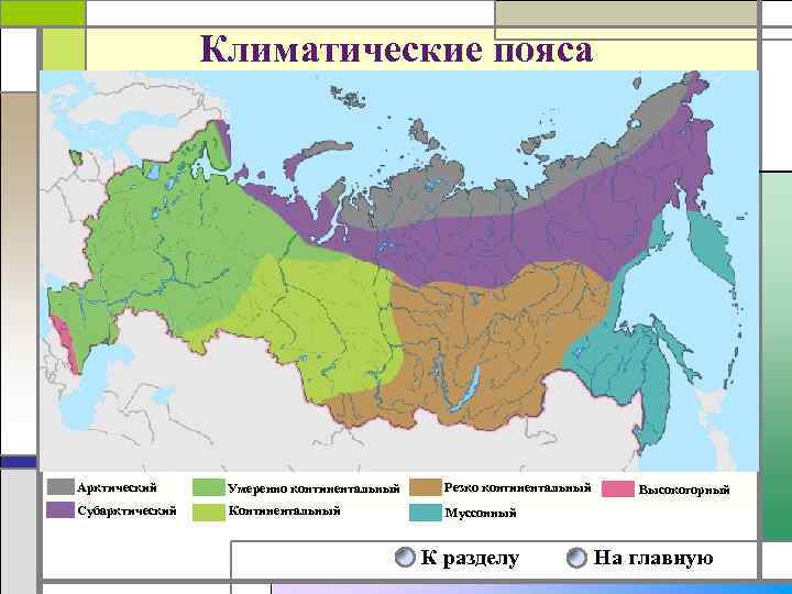 Климатические пояса Арктический Умеренно континентальный Резко континентальный Субарктический Континентальный Муссонный К разделу Высокогорный На