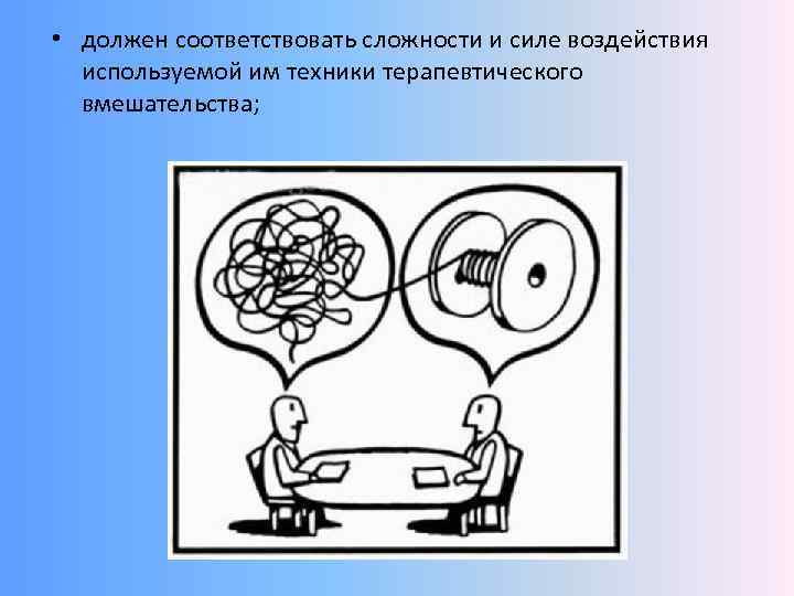  • должен соответствовать сложности и силе воздействия используемой им техники терапевтического вмешательства; 