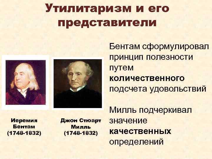 Утилитаризм и его представители Бентам сформулировал принцип полезности путем количественного подсчета удовольствий Иеремия Бентам