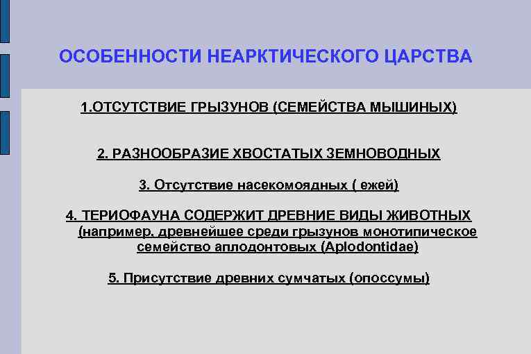 ОСОБЕННОСТИ НЕАРКТИЧЕСКОГО ЦАРСТВА 1. ОТСУТСТВИЕ ГРЫЗУНОВ (СЕМЕЙСТВА МЫШИНЫХ) 2. РАЗНООБРАЗИЕ ХВОСТАТЫХ ЗЕМНОВОДНЫХ 3. Отсутствие