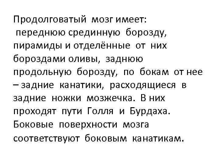 Продолговатый мозг имеет: переднюю срединную борозду, пирамиды и отделённые от них бороздами оливы, заднюю