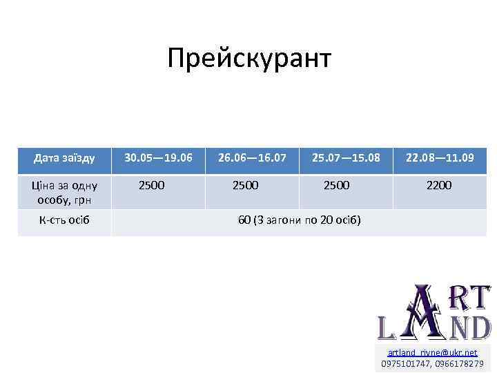 Прейскурант Дата заїзду Ціна за одну особу, грн К-сть осіб 30. 05— 19. 06