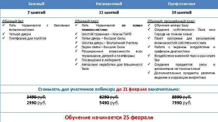 Базовый Расширенный Профессионал 7 занятий 12 занятий 19 занятий Обычный плюс: ü Пять терминалов