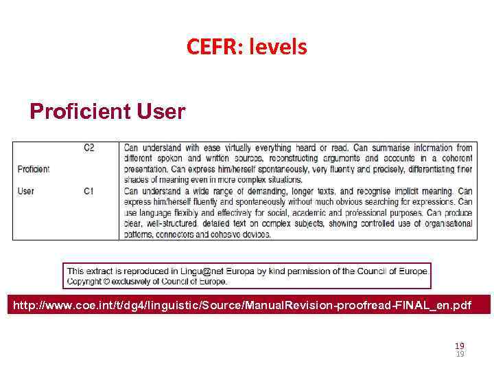 CEFR: levels Proficient User http: //www. coe. int/t/dg 4/linguistic/Source/Manual. Revision-proofread-FINAL_en. pdf 19 19 